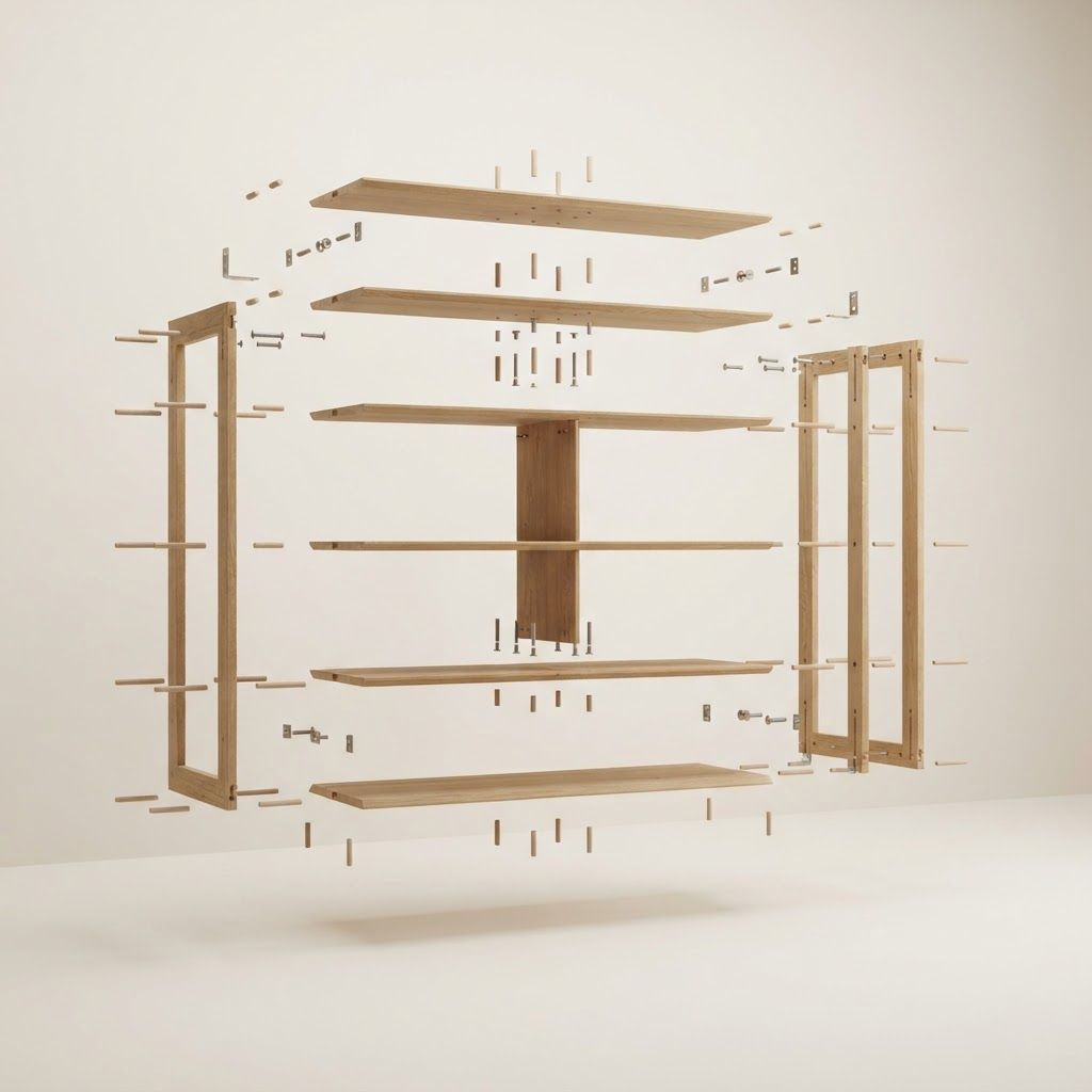 An exploded view of a Kumiform modular oak shelving unit showing its panels, dowels and connectors aligned in mid-air.